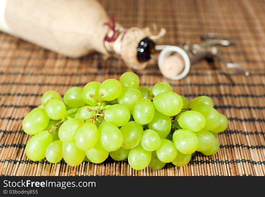 Grapes with bottle and cork. Grapes with bottle and cork