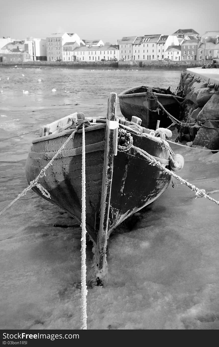 Boats In Ice On The Bank Of River, Black And White