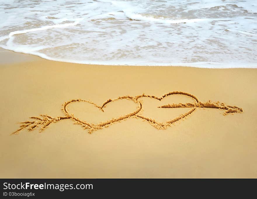 2 Hearts drawn on the beach. 2 Hearts drawn on the beach