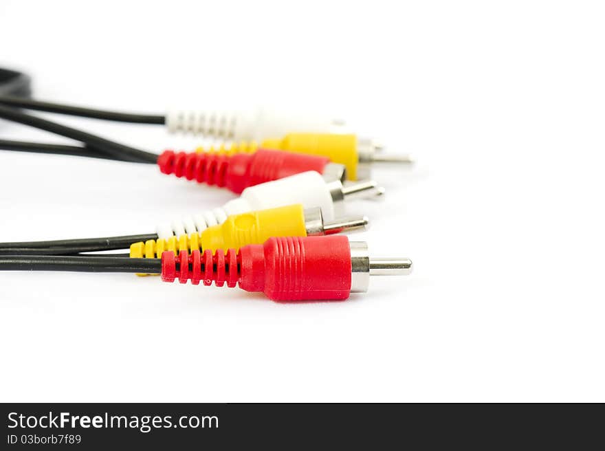 Colorful AV cables on a white background