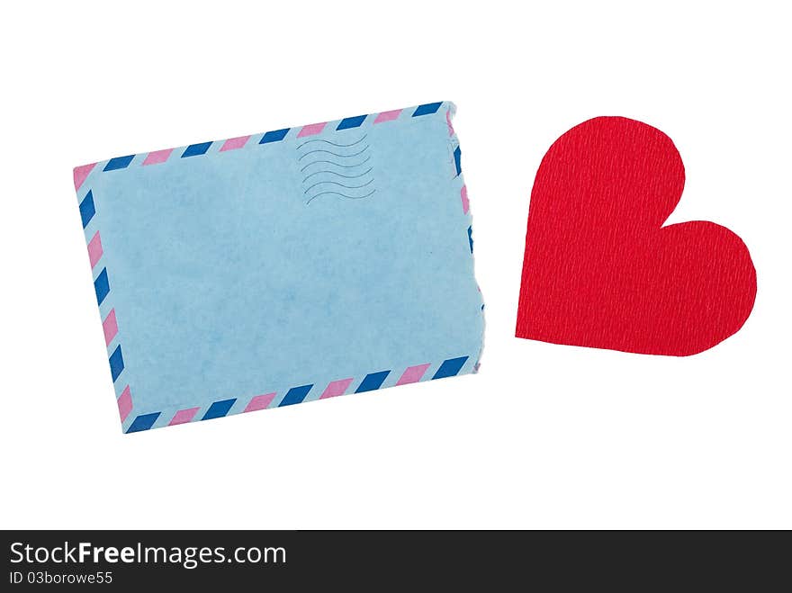 Envelope and red heart on white background