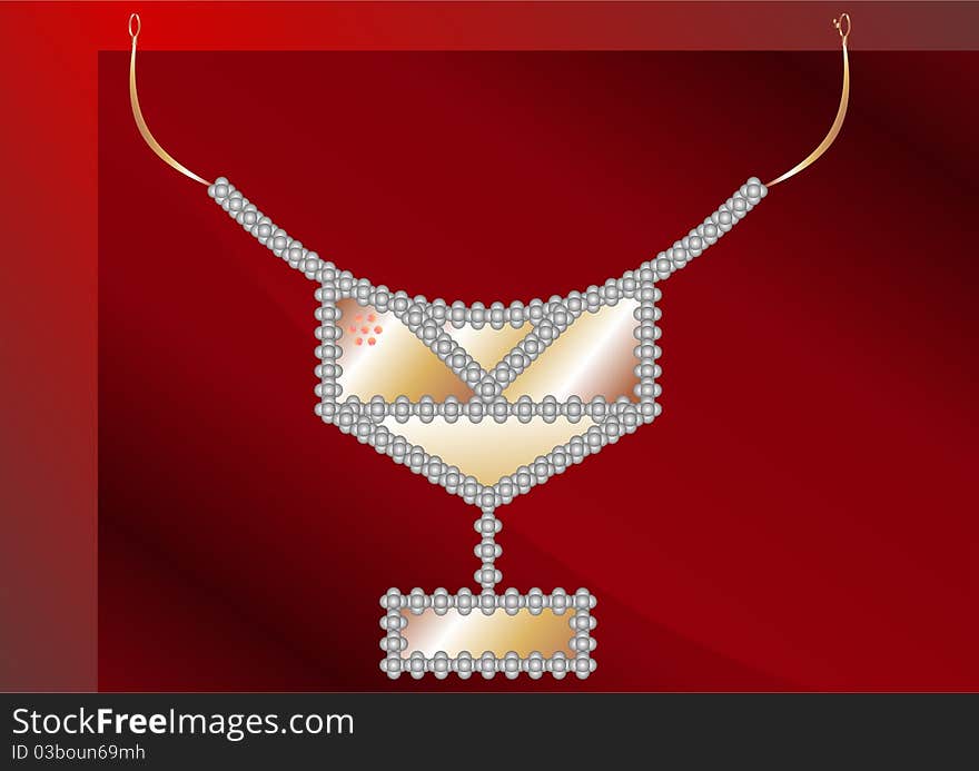 A necklace of precious metal with stones, on a dark red decorative background. A necklace of precious metal with stones, on a dark red decorative background.