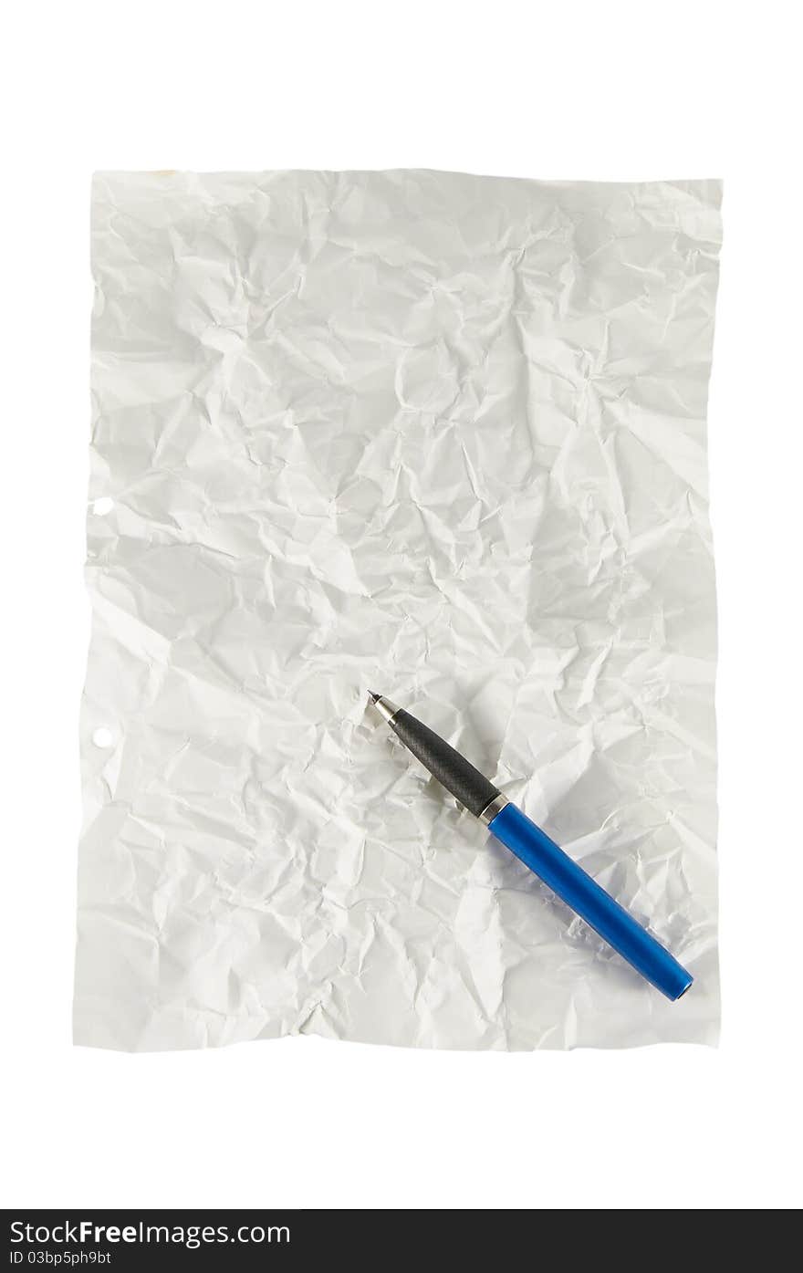 Crushed Paper with pen isolated on a white background