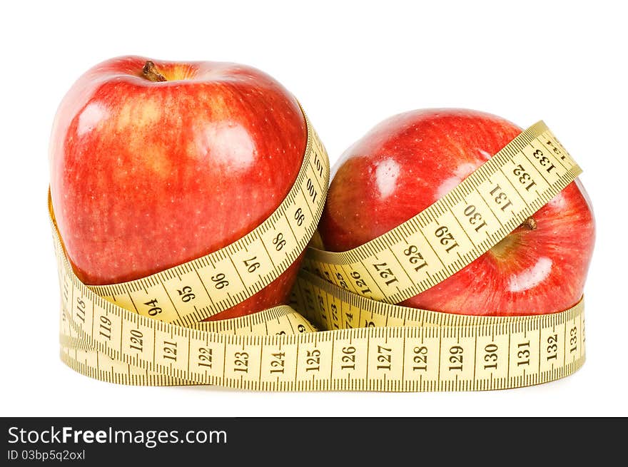 Red apple with tape isolated on white background