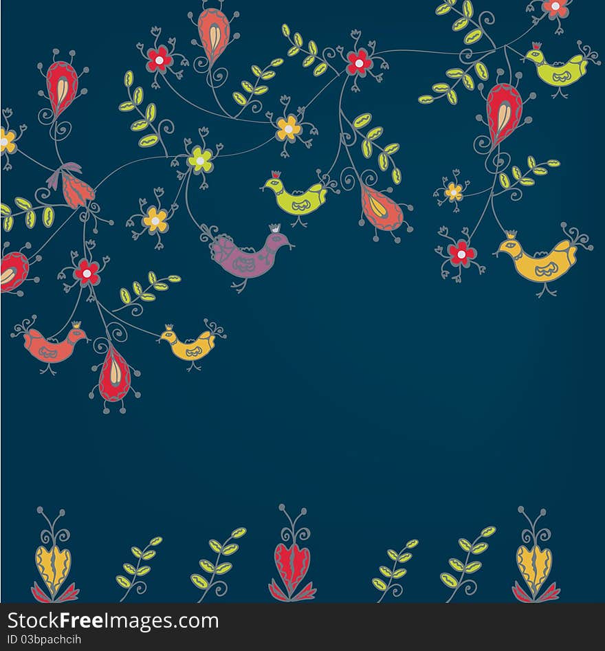 Floral background with birds greeting card