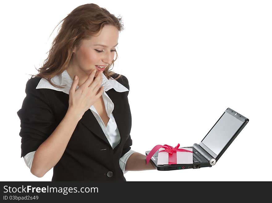 Young woman with a greeting card. Young woman with a greeting card.