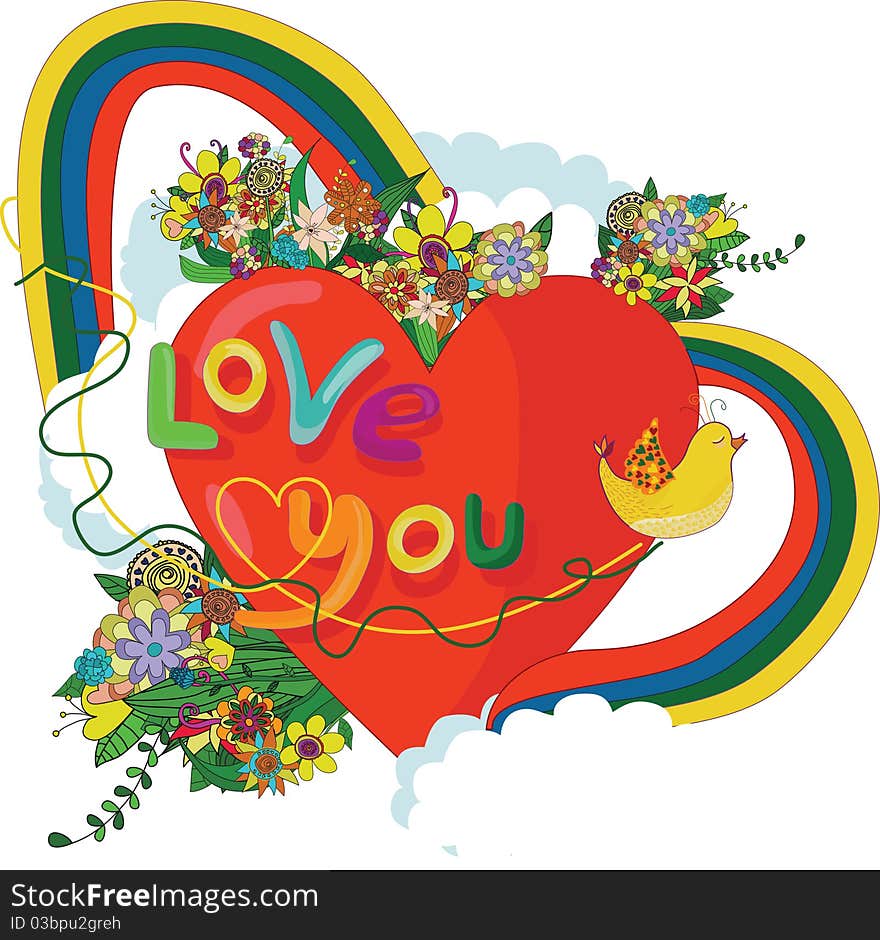 Heart With Flowers And Rainbow With Bird