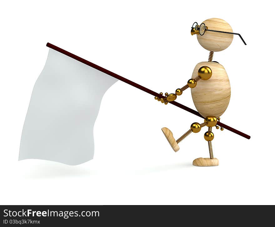 3d wood man is carrying flag