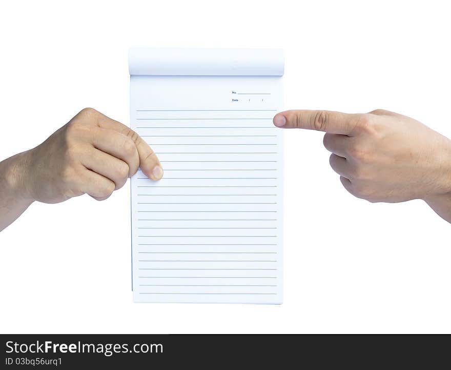 Hand holding a blank notebook over white background. Hand holding a blank notebook over white background