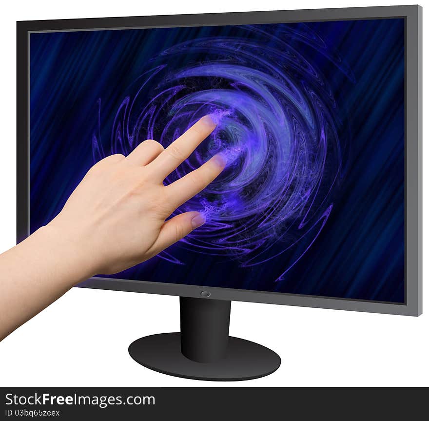 Hand getting a virtual connection to flat screen monitor. Hand getting a virtual connection to flat screen monitor