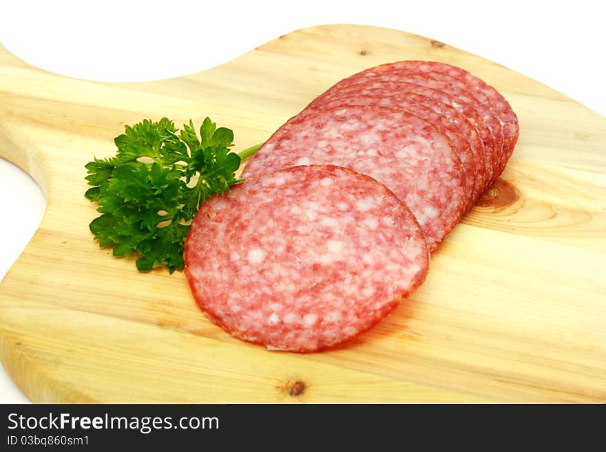 Slices salami isolated on a white background