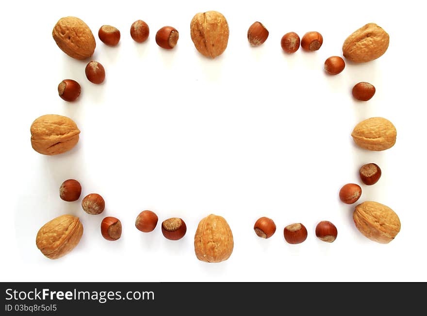 Nuts photo frame isolated on white background