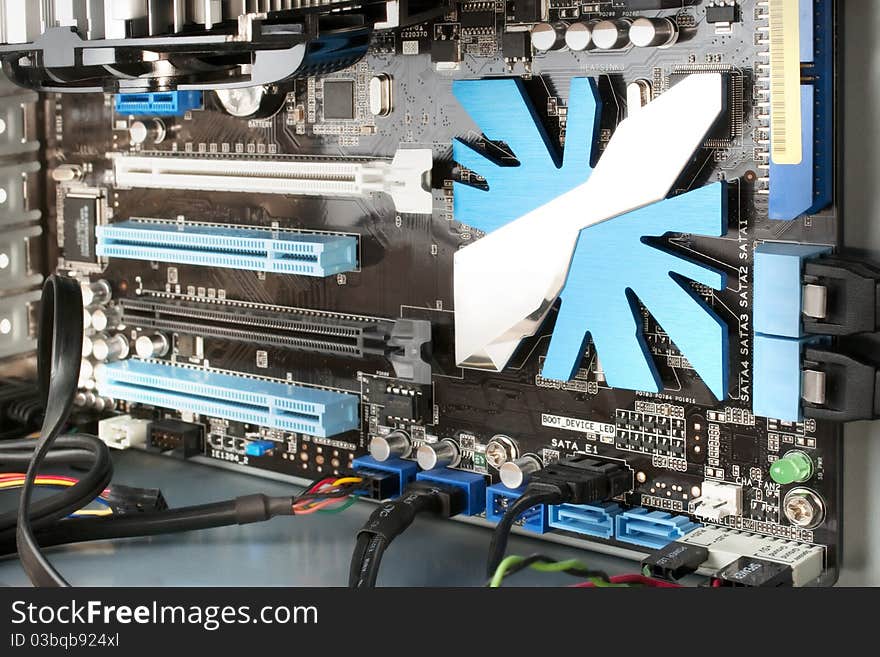 Computer mainboard background with slots, chips and wires. Computer mainboard background with slots, chips and wires