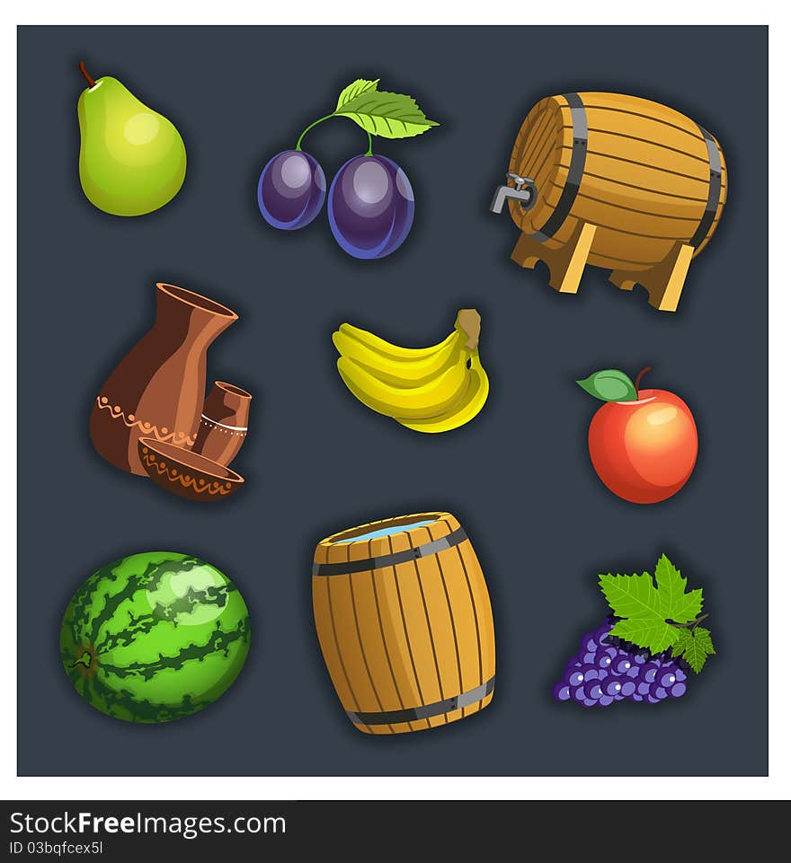 Set of fruits and barrel. Set of fruits and barrel