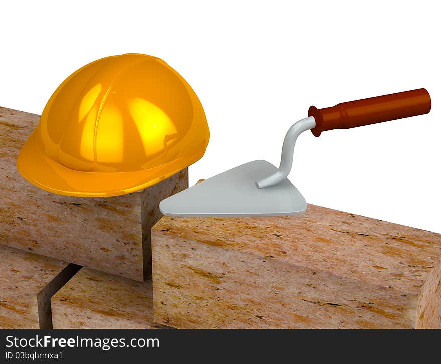 Trowel, Bricks, Yellow Plastic Helmet