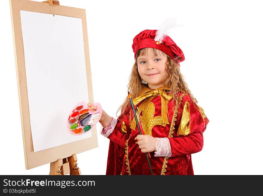 Girl with a brush and paints near an easel