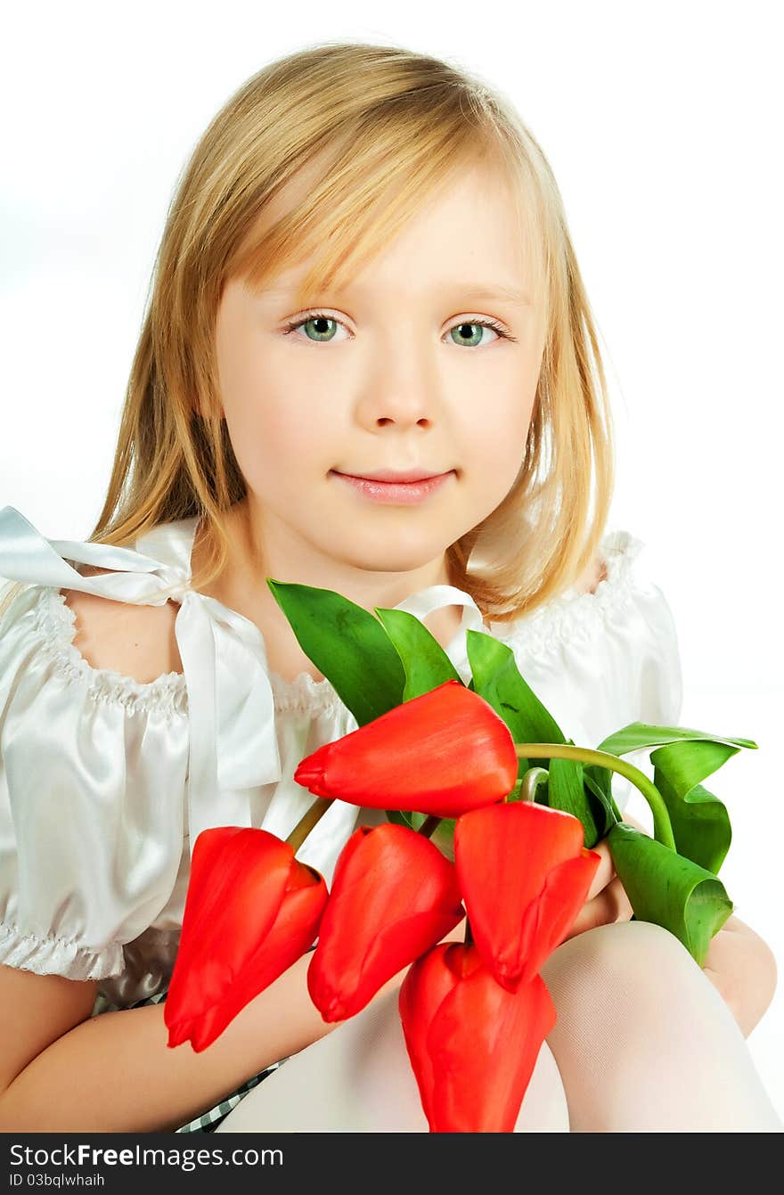 Cute little girl with red flowers on white. Cute little girl with red flowers on white