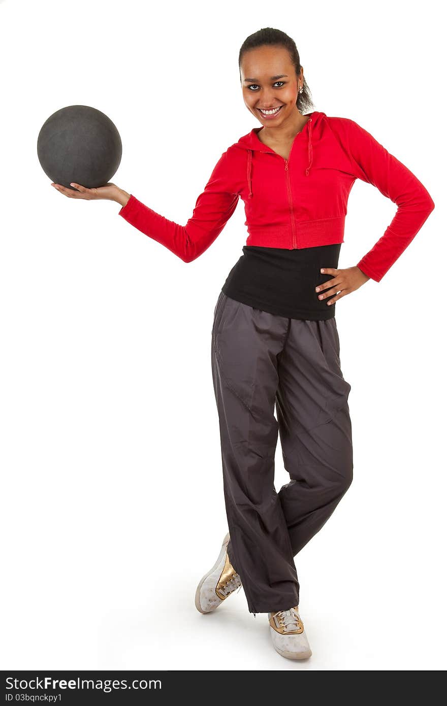 Athletic girl with a big gray ball. Athletic girl with a big gray ball