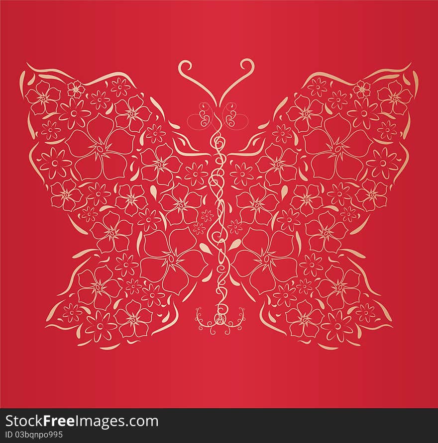 Figured gold butterfly on  red background