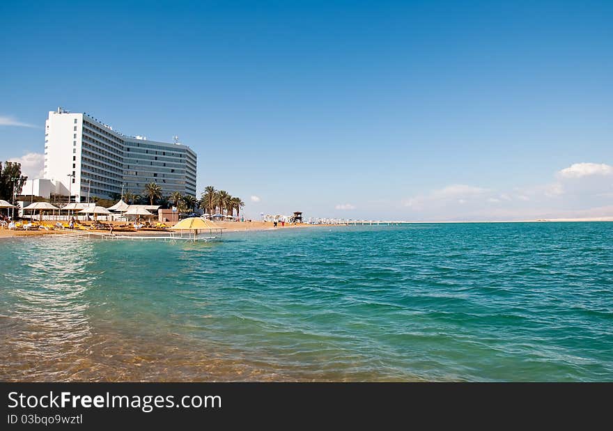 Dead-Sea beach and hotel landscape (Israel) . Dead-Sea beach and hotel landscape (Israel) .