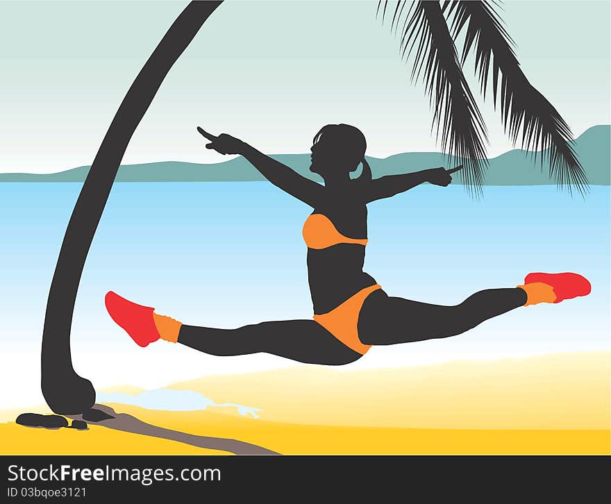 Girl jumping with beach Background