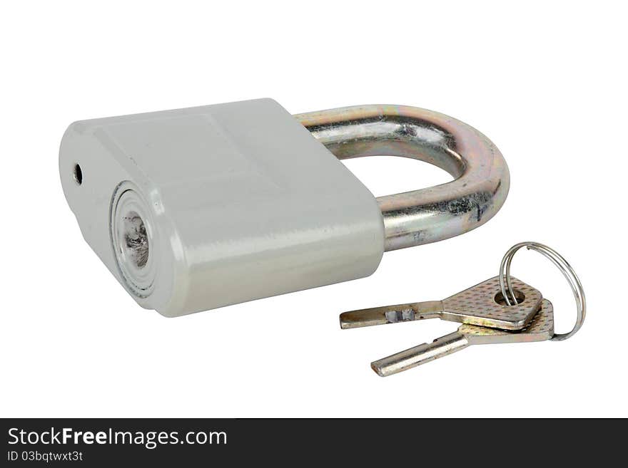 The hinged lock and keys separately on a white background