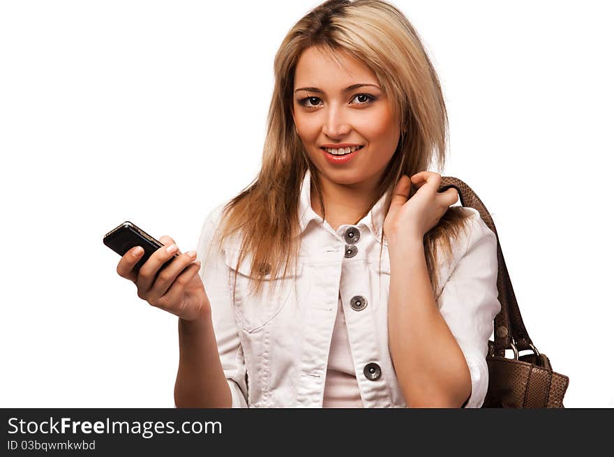 Standing  women with mobile phone, isolated