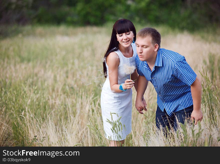 Couple blowing on the dandelion. Couple blowing on the dandelion