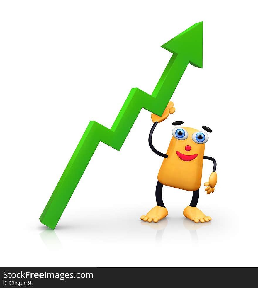 Yellow man keeping the green arrow chart. Yellow man keeping the green arrow chart.