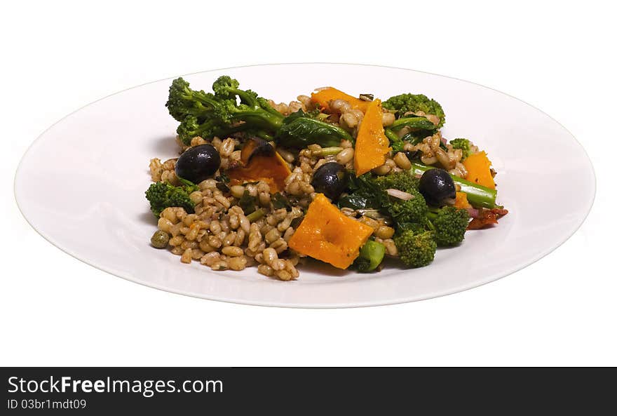 Cooked Pearl Barley with olives, squash and brocolli