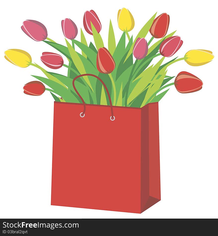 Bouquest of tulips flowers in the shopping bag. Bouquest of tulips flowers in the shopping bag