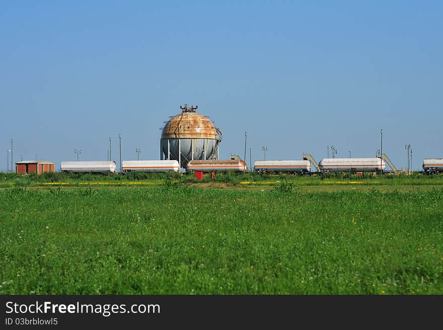Tank wagons. spherical tank behind the petrochemical industry