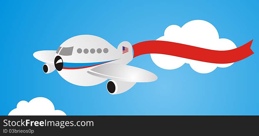 Cartoon illustration of a flying plane with a banner flutters. Cartoon illustration of a flying plane with a banner flutters