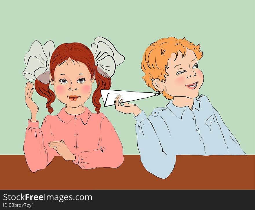 Girl and boy behind a school desk on a lesson. Girl and boy behind a school desk on a lesson