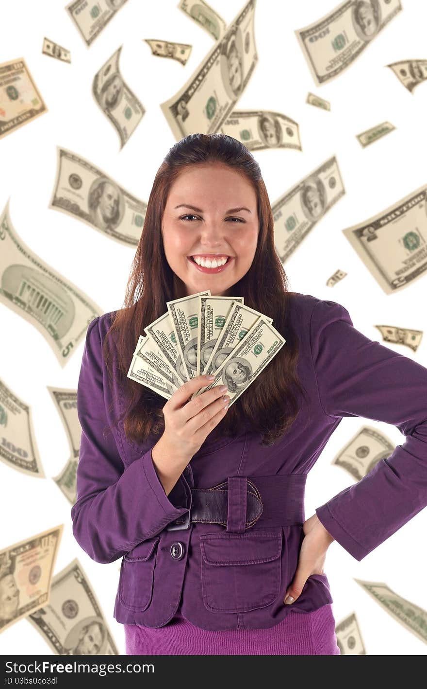 Close up portrait of smiling girl with dollar's banknotes on falling dollars background. Close up portrait of smiling girl with dollar's banknotes on falling dollars background