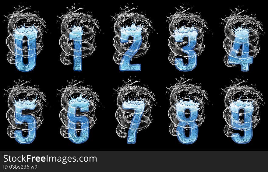 Numbers water, swirl and splash liquid. Numbers water, swirl and splash liquid