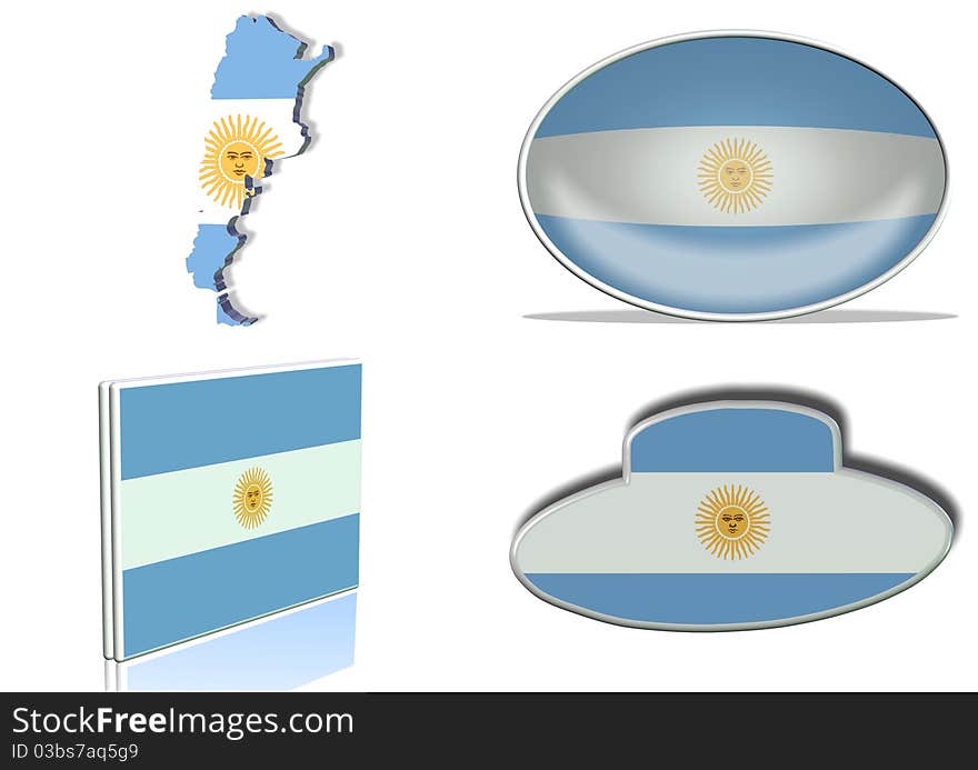 Argentinian flag in 4 different designs, in shape of the country, oval shape, flat on an angle, in a shape of a national symbol. Argentinian flag in 4 different designs, in shape of the country, oval shape, flat on an angle, in a shape of a national symbol