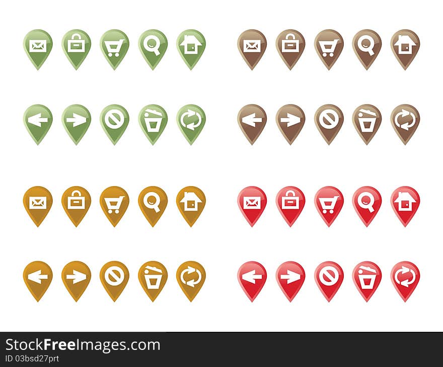 Set of pointer tabs with web navigation icons in green, brown, yellow and red. Set of pointer tabs with web navigation icons in green, brown, yellow and red.