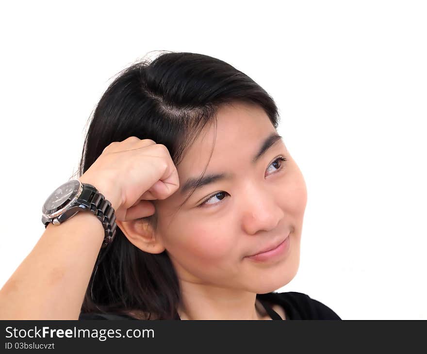 Attractive young beautiful woman daze, closeup portrait on white background.