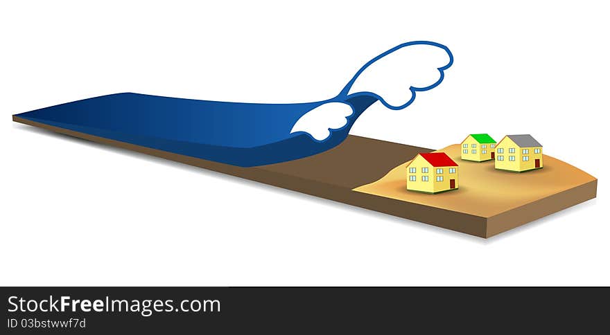 Tsunami illustration with waves coming to shore from ocean. Tsunami illustration with waves coming to shore from ocean