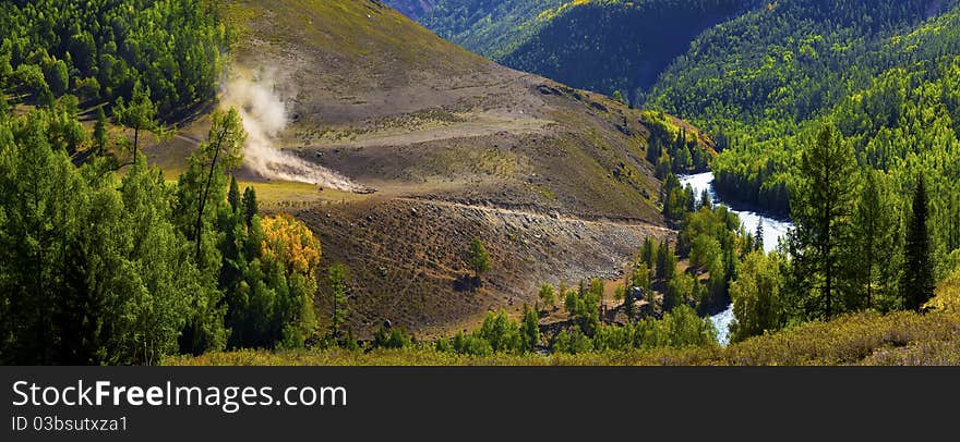 A Lanscapes of River Bend in Kanas of Xinjiang. A Lanscapes of River Bend in Kanas of Xinjiang