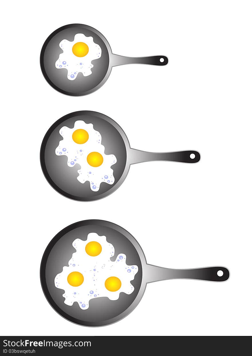 Vector isolated images of three pans. At each of the different amounts of fried eggs. Vector isolated images of three pans. At each of the different amounts of fried eggs.