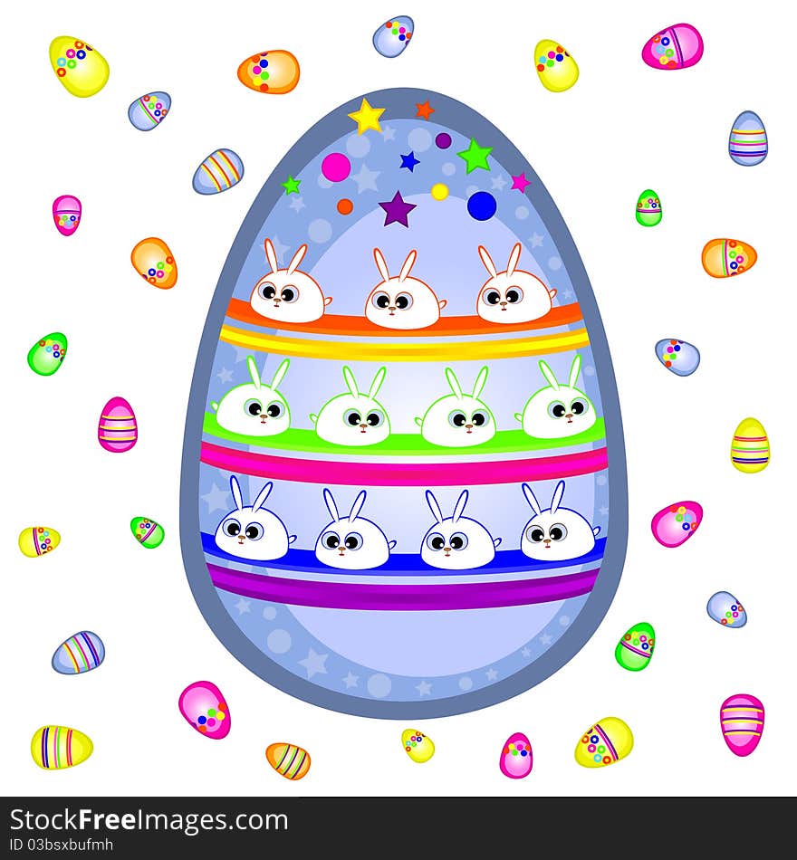 On Easter egg painted rabbits. Vector isolated figure.