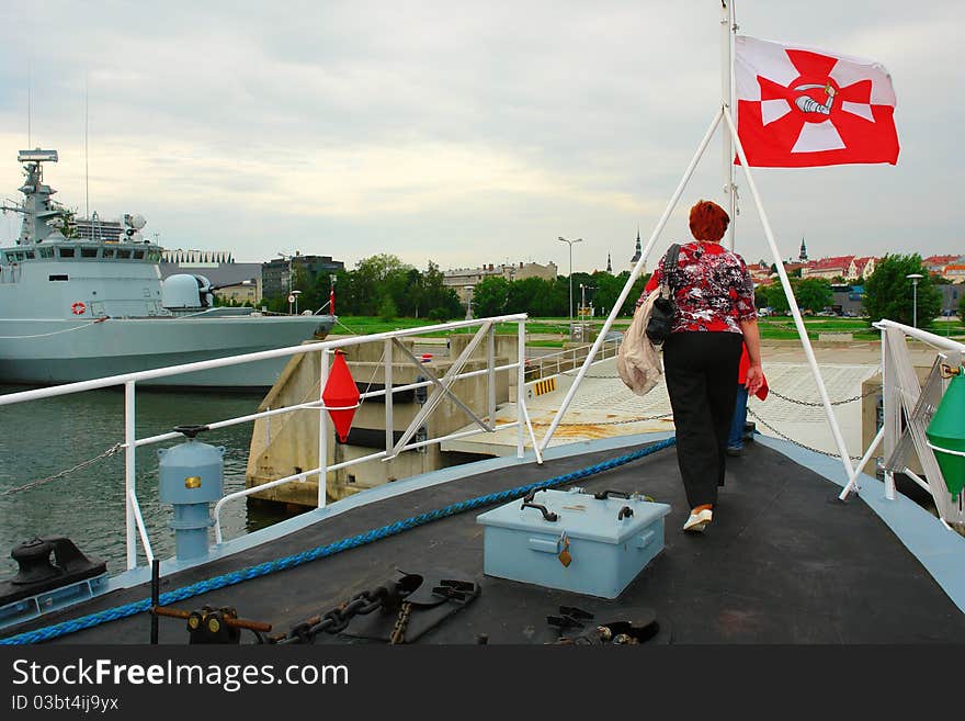 Tour on a military ship berthed on landing stage