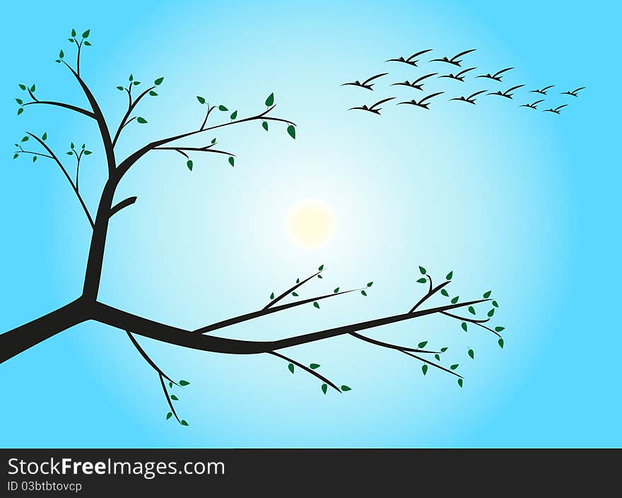 Spring of a bird and tree on a background of the blue sky. Spring of a bird and tree on a background of the blue sky