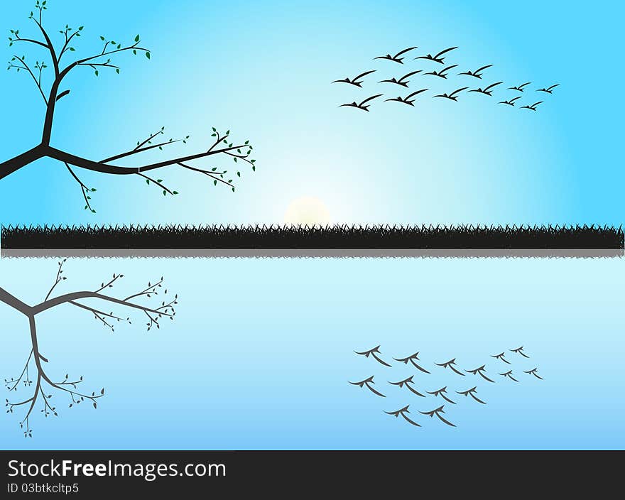 Reflection of a tree and birds of passage in water. Reflection of a tree and birds of passage in water