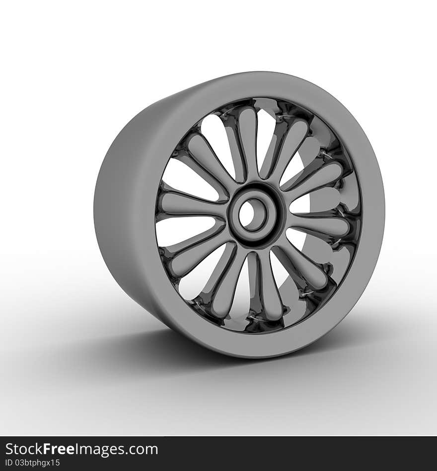 The chromeplated metal wheel disk on a white background