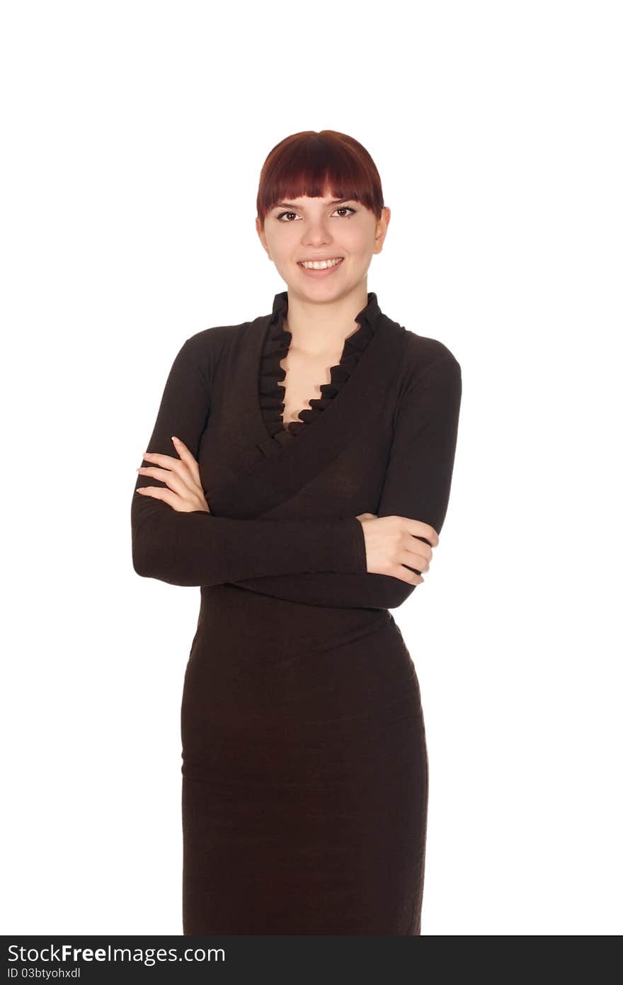 Young cute smiling business woman in brown dress