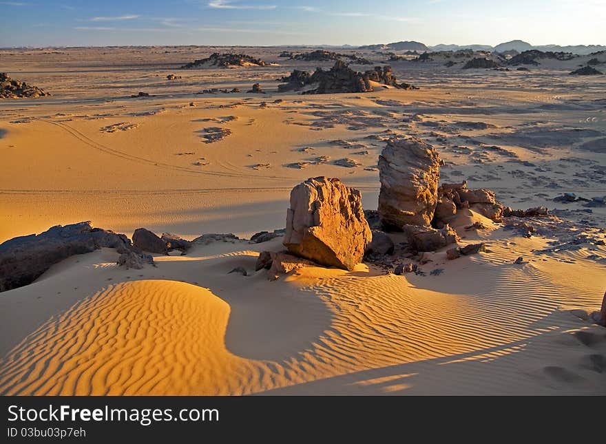 Desert landscape at Sunset in Tadrart Acacus, Fezzan, Libya