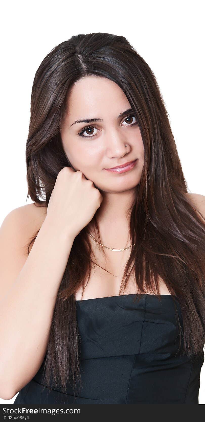 Full portrait of a beautiful sensuality woman in black dress posing over white background